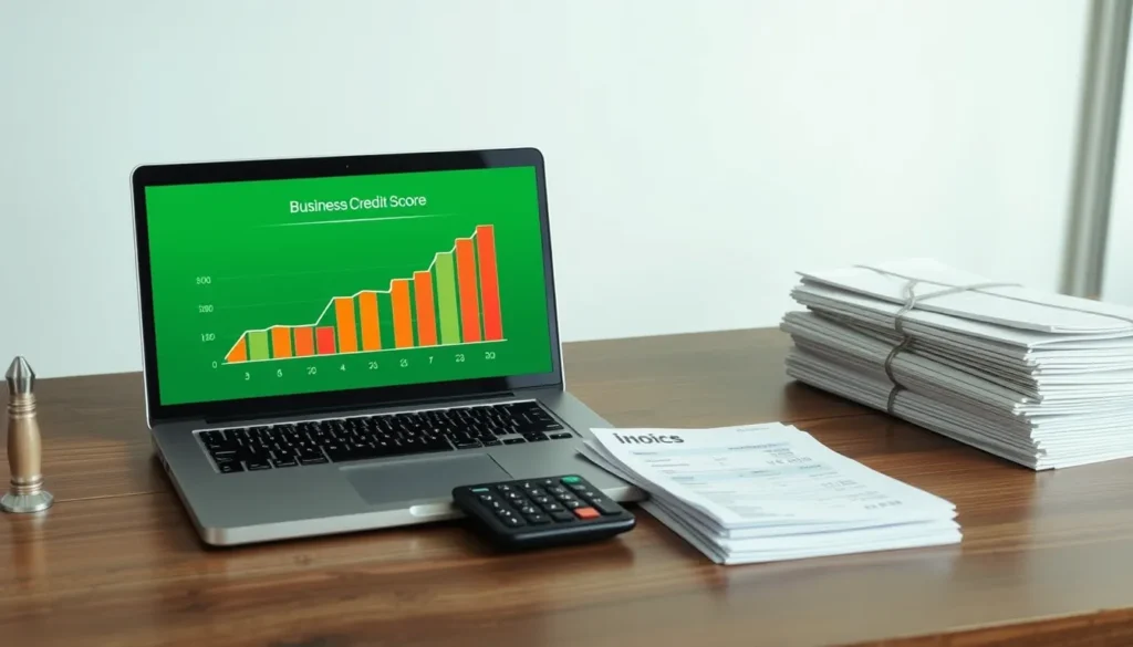 Laptop screen shows rising credit score chart; calculator and invoices on desk.