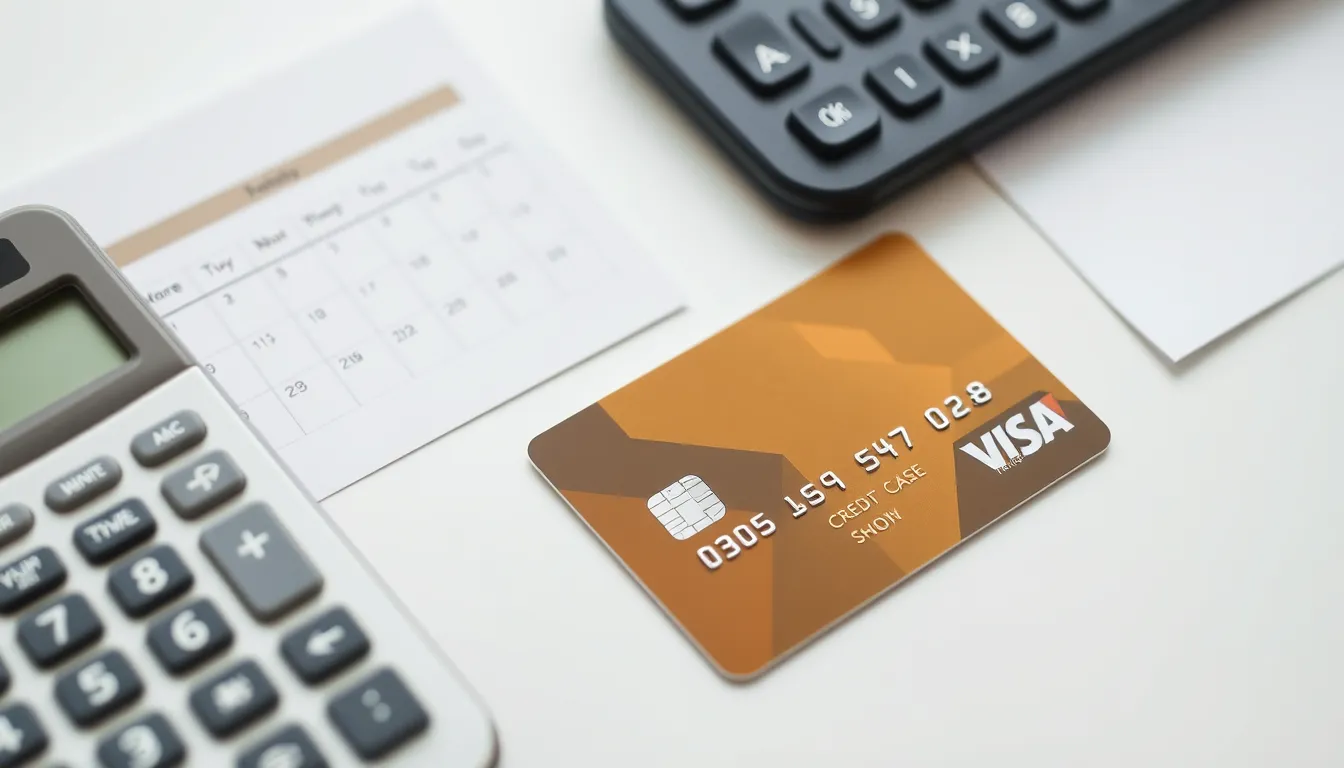Credit card on white table with calculator and calendar page, illustrating payment timing.